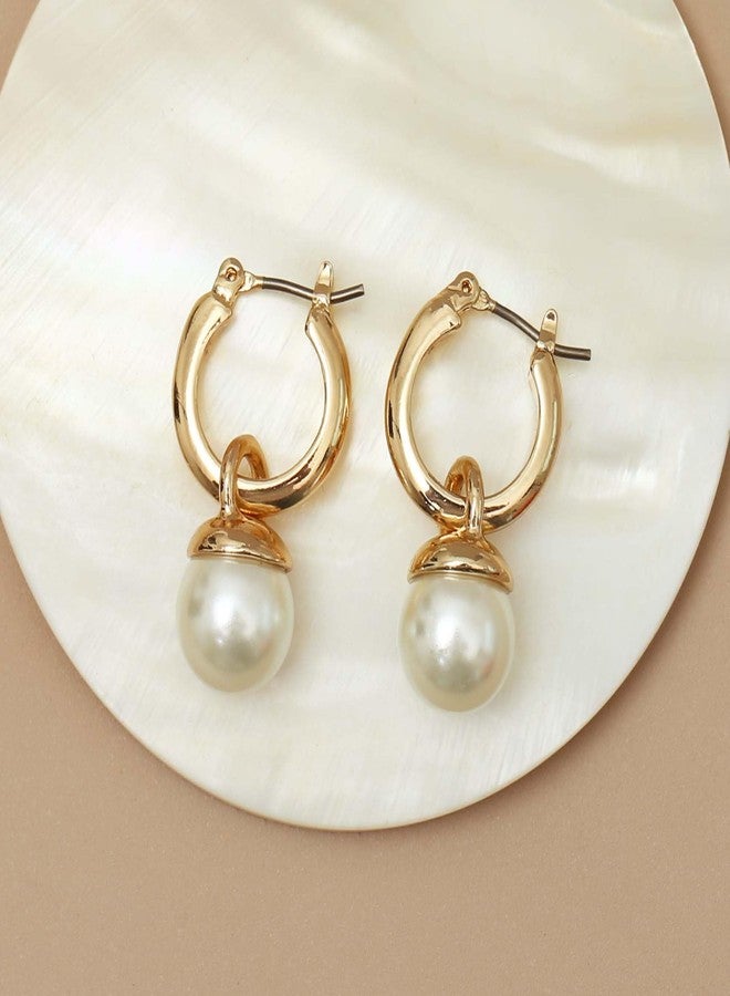 S SUSANN Small Chunky Gold pearl Hoop Earrings For Women, 14k Gold Thick statement huggie hoop earrings Trendy Hoop Earrings Set Hypoallergenic Fashion Earrings (Pearl drop) - Image 3
